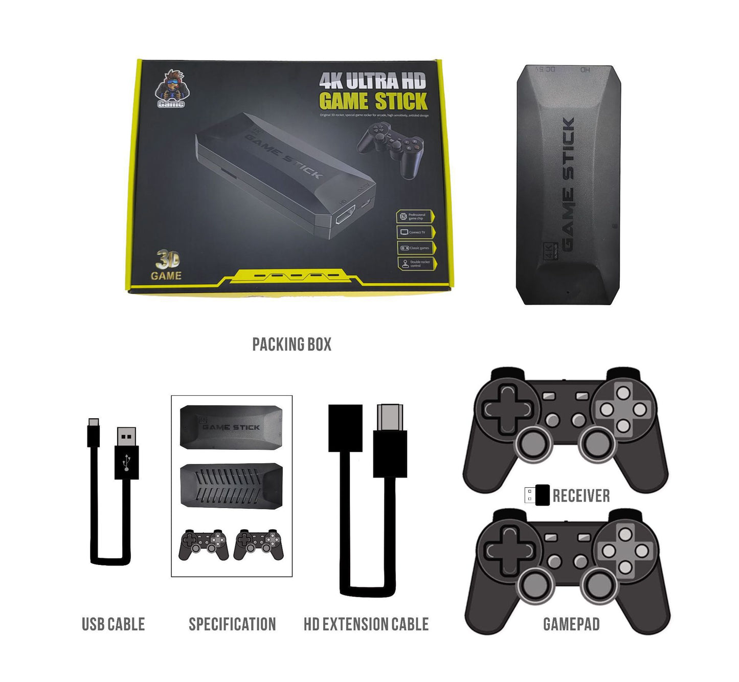 【Double Controllers/Bluetooth/4K HDMI/20000Games/PS1】M16 Game Stick【Buy 1 Get 2 Controllers+1 Bluetooth Connector+1 HDMI Cable+1 USB Cable】4K HDMI Output 2.4G Wireless Controller Game Stick Over 25+ Emulators with 20,000 Classic Retro Games Pre-installed