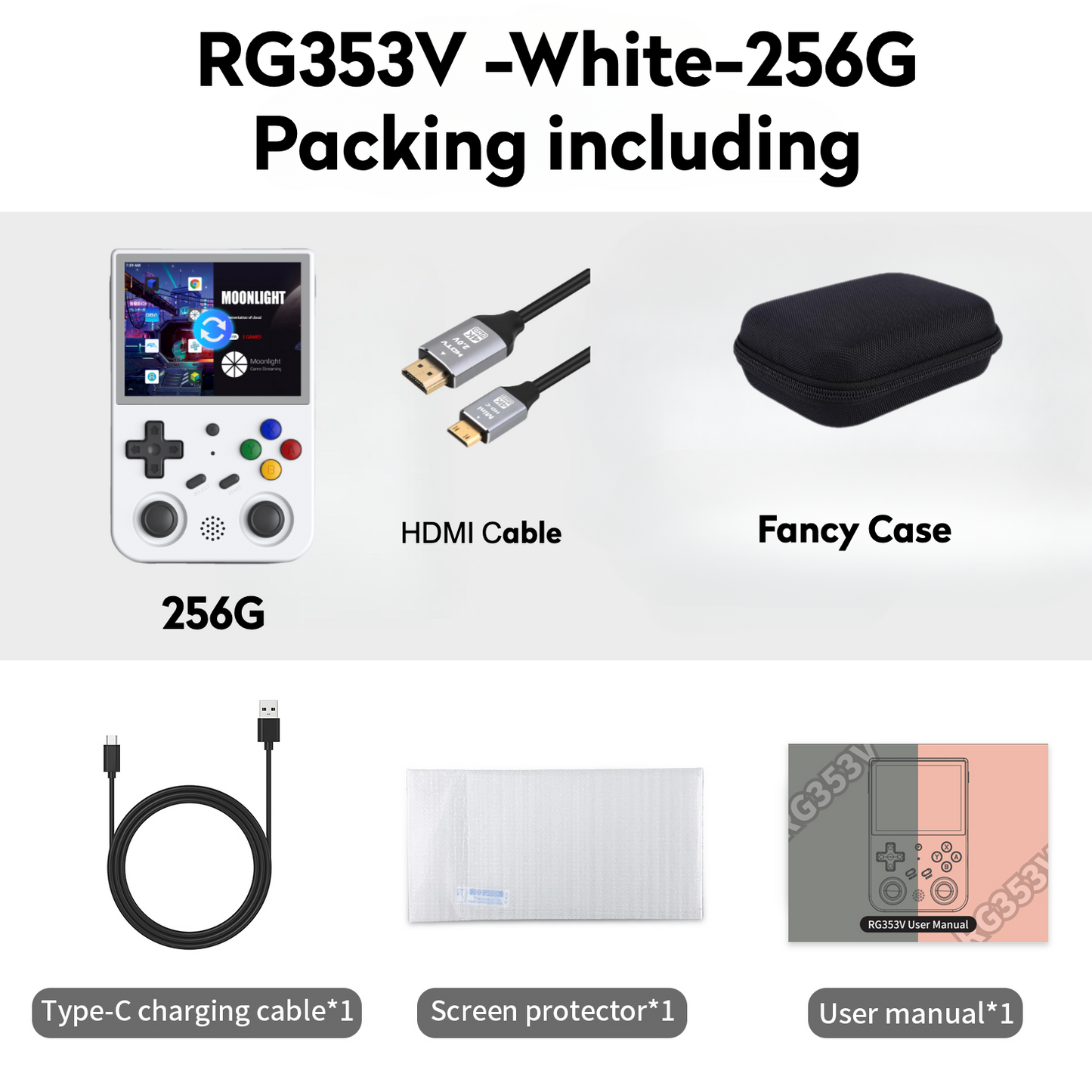 【Super Bundle】Anbernic RG353V【Buy 1 Get 1 HDMI Cable+1 Fancy Case+1 Screen Protector+1 Type-C Cable 】Handheld Game Console 3.5-Inches Display Touchable Screen Dual OS Android 11, Linux System Support 5G WiFi 4.2 Bluetooth Over 27,000Games Playable