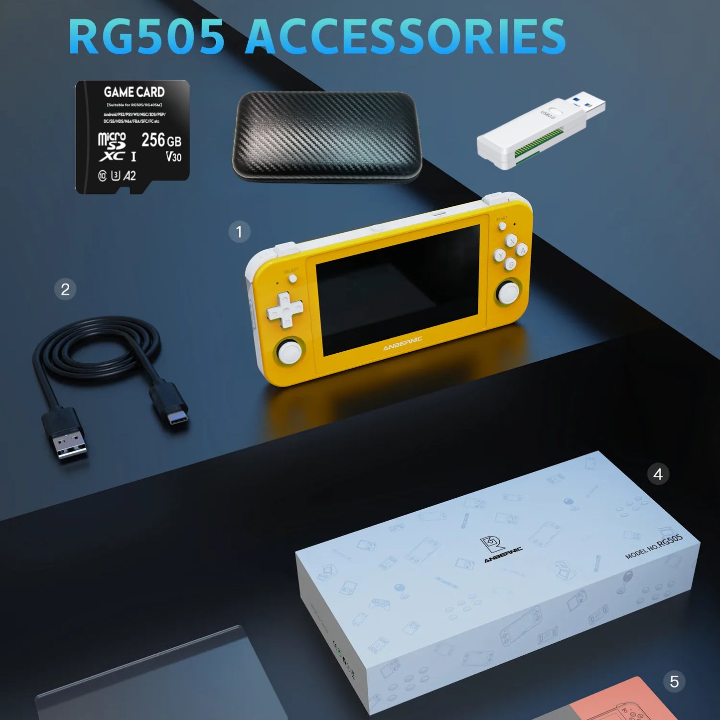 【Amazing Bundle】Anbernic RG505【Buy 1 Get 1Game Card(256GB)+5 Customized Games+1Card Reader+1 Fancy Case+1 Screen Protector+1 Type-C Cable】Handheld Game Console 4.95’’ OLED Touch Screen Android 12 Unisoc Tiger T618 Google Store Over 22K games 26 Emulators