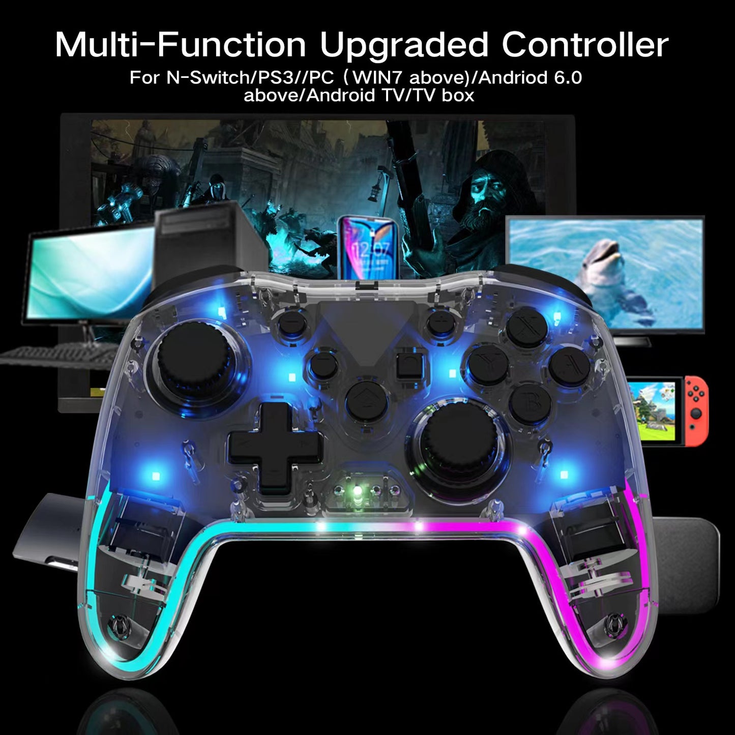 LED Controller Transparent glare switch Bluetooth wireless game handle wakes up and vibrates switch pro handle Compatible with all Anbernic Game Console and PC/Switch/Steam etc dualsenseedgecontroller